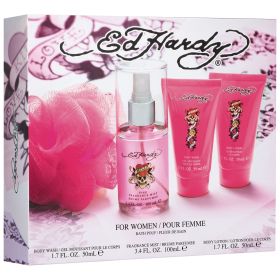 ED HARDY 4 PCS SET FOR WOMEN: 3.4 FRAGRANCE MIST + 1.7 BODY LOTION + 1.7 BODY WASH + BATH POUF