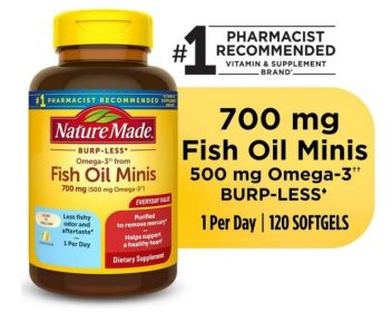 Nature Made Burp Less Omega 3 Fish Oil Supplements 700 mg Minis Softgels, 120 Count